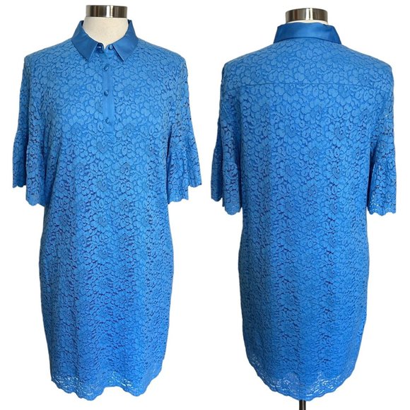 Banana Republic L Cornflower Blue Lace Flutter Sleeve Collared Polo Knee Length - Picture 2 of 14